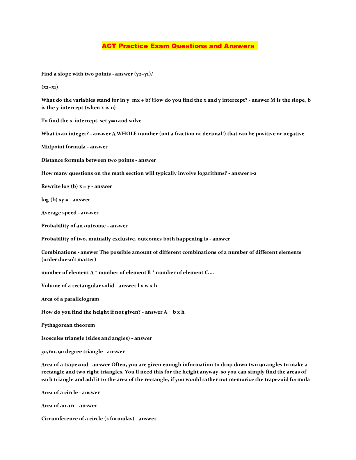 Preview image of ACT Practice Exam Questions and Answers document